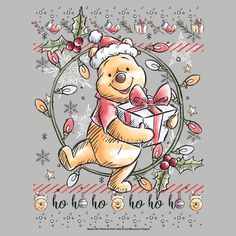 a christmas card with a teddy bear holding a present