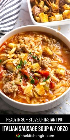 two bowls of italian sausage soup on a table