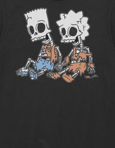 two skeletons sitting next to each other on a black shirt