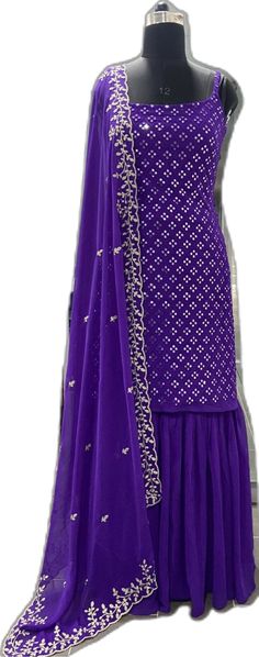 Purple Dori Work Sharara For Eid, Purple Salwar Kameez With Dori Work, Purple Straight Kurta Salwar Kameez With Dori Work, Purple Salwar Kameez With Straight Kurta And Dori Work, Purple Sharara With Dori Work, Purple Sharara With Dori Work Traditional Drape, Traditional Purple Sharara With Dori Work, Diwali Purple Palazzo Set With Mirror Work, Unstitched Purple Sharara For Navratri