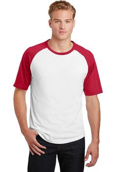 Sport-Tek ® Short Sleeve Colorblock Raglan Jersey. T201 - WHITE/ RED - XS | Sport-Tek Short Sleeve Colorblock Raglan Jersey T-Shirt in White/Red Size XS | Cotton Vinyl Blanks, Mens Raglan, Workwear Jacket, Raglan Shirts, T-shirt Polos, Unisex Shorts, Jersey T Shirt, Casual Wear For Men, Combed Cotton