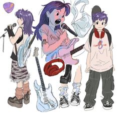 two people with purple hair are singing and holding guitars