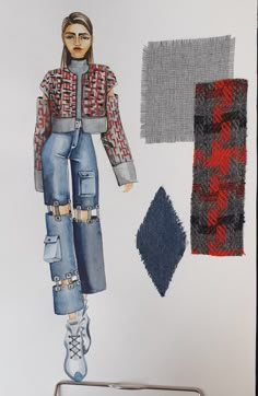 a drawing of a woman in jeans and jacket next to some fabric swatches on a table