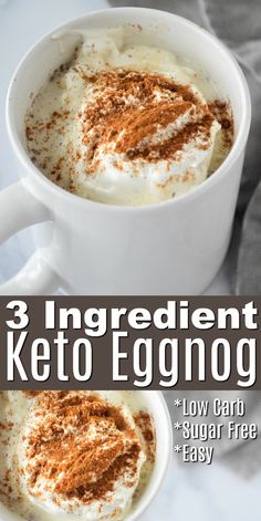 three ingredient keto eggnog in white mugs