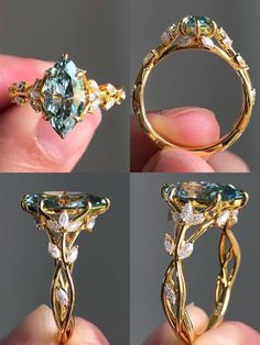 four different views of a gold ring with blue and green stones on it's sides