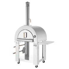 an outdoor pizza oven on wheels with the door open to show it's contents