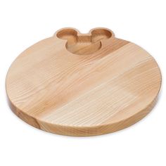 a wooden cutting board with mickey mouse ears on the front and bottom, sitting on a white background