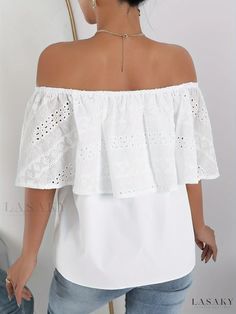 Lasaky - Stylish Off-Shoulder Eyelet Blouse with Layered Ruffle Trim - Womens Casual Half Sleeve Top Off-shoulder Ruffled Tops For Brunch, Off-shoulder Ruffle Blouse For Vacation, Off-shoulder Ruffled Blouse For Vacation, Vacation Off-shoulder Ruffled Blouse, Off-shoulder Ruffle Blouse For Beach, Off-shoulder Ruffled Blouse For The Beach, Off-shoulder Ruffle Tops For Vacation, Off-shoulder Ruffled Tops For Vacation, Off-shoulder Ruffled Top For Beach