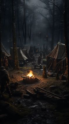 a campfire in the middle of a forest with tents and people sitting around it