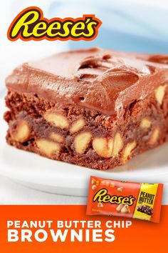 reese's peanut butter chip brownies on a white plate with an orange background