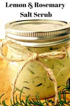 a mason jar filled with lemon rosemary salt scrub