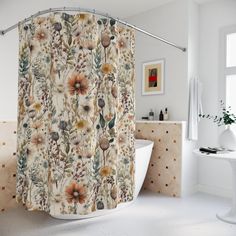 a bath room with a shower curtain and a tub