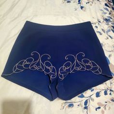 Brand New. Never Worn. Size Large. Very Cute High Rise Shorts That Taper Up In The Front Of The Thigh Blue High Waist Embroidered Bottoms, High Waist Embroidered Blue Bottoms, Blue Embroidered High Waist Bottoms, Blue Embroidered Bottoms For Summer, Embroidered Summer Party Bottoms, Blue Embroidered Bottoms Short Length, Blue Embroidered Bottoms Of Short Length, Embroidered Blue Bottoms Of Short Length, Fitted Blue Embroidered Bottoms