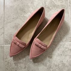 Pink Flats For Work, Elegant Pink Flats For Office, Pink Flats With Flat Heel For Work, Pink Flat Heel Flats For Work, Pink Slip-on Flats For Work, Pink Closed Toe Flats For Work, Pink Suede Flats, Pink Almond Toe Flats With Medium Width, Pink Almond Toe Flats For Work