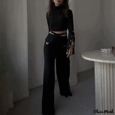 Olivia Mark - Stylish High-Neck Long Sleeve Top with Waist Tie Straight-Leg Pants Set High Neck Long Sleeve Top, Colorful Crop Tops, Brown Outfit, High Neck Long Sleeve, Denim Midi Skirt, Off Shoulder Tops, Sweet And Spicy, Waist Tie, Straight Leg Pants