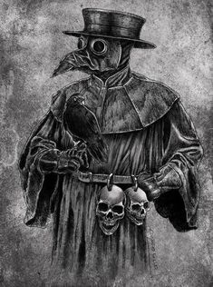 a black and white drawing of a man in a plague suit holding two human skulls