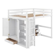 a white bunk bed with drawers underneath it and an open drawer under the bottom shelf