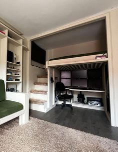 A Loft Bed with a Gaming or Trading Setup! Diy Loft, Small Room Makeover, Diy Loft Bed, Boys Bedroom Makeover, 20ft Container, Loft Beds, Kids Bedroom Inspiration