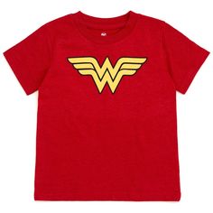 a red t - shirt with the wonder logo on it's chest and yellow wings