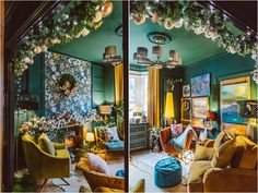 a living room filled with lots of furniture and christmas lights hanging from the ceiling above