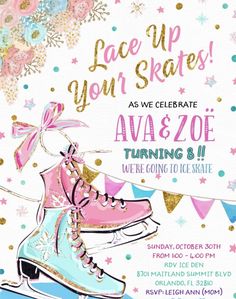 an ice skating birthday party with pink and blue shoes