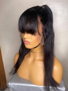 wigs will bangs Fringe Straight Lace Front Human Hair Wig. 180% density. We make our wigs from the best quality human hair.. no shedding no tangles. 18inches wig with bangs comes with 2X4 lace closure and 13x4 lace frontal 10 and 12 inches has no lace Color 1b ready to ship pre-plucked. Condition is New with tags. Shipped with usps Human Hair Wigs With Bangs, Bangs Fringe, Human Wigs, Beautiful Wigs, Bouncy Curls, Lace Front Human Hair, Wig With Bangs, Long Black Hair, Half Up Half Down Hair