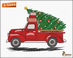 a red truck with a christmas tree on the back