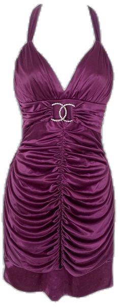 Purple Satin Halter Neck Dress, Purple Mini Dress With Ruched Bodice, Fitted Purple Satin Prom Dress, Fitted Purple Satin Dress For Prom, Purple Satin Dress For Night Out, Fitted Purple Satin Dress, Satin Halter Neck Mini Dress For Party Season, Halter Neck Satin Mini Dress For Party Season, Elegant Purple Satin Mini Dress