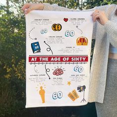 a woman holding up a poster with the words at the age of sixty on it