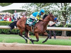 a jockey riding on the back of a brown horse down a race track with people watching