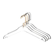 a set of five metal clothes hangers on a white background