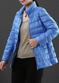 Fine Plus Size Winter Jacket Overcoat Light Blue Stand Collar Zippered Duck Down Coat Blue Outerwear For Fall, Blue Solid Color Outerwear For Fall, Blue Solid Color Fall Outerwear, Long Sleeve Solid Color Outerwear For Cold Weather, Blue Long Sleeve Outerwear For Outdoor, Blue Stand Collar Outerwear For Fall, Blue Stand Collar Outerwear For Outdoor, Solid Color Long Sleeve Outerwear For Winter, Solid Stand Collar Outerwear For Spring