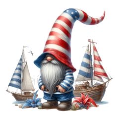 a gnome with an american flag hat is next to two sailboats on the water