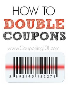 the text how to double coupons on a white background with red and black bar code