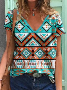 2022 Women's Native Ethnic Geometric Pattern Short Sleeve V-Neck Loose T-Shirts Top Aztec Women, Y2k Tops, Bohemian Tops, Harajuku Streetwear, Casual Tee, Patterned Shorts, Western Fashion, Hoodie Print, T Shirt Top