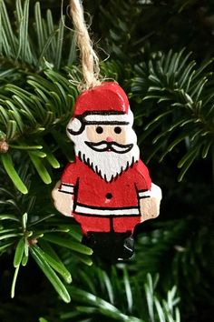 a christmas ornament hanging from a tree with pine needles in the foreground