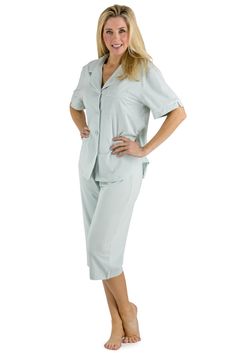 Women's pajama capri set - pajamas - ecofabric; organic cotton / bamboo Loungewear Sets With Short Sleeves And Button Closure, Short Sleeve Loungewear Sets With Button Closure, Casual Short Sleeve Sets With Button Closure, Summer Sleepwear With Button Closure And Short Sleeves, Spring Sleepwear With Stretch And Short Sleeves, Spring Stretch Sleepwear With Short Sleeves, Spring Sleepwear Short Sleeve Stretch, Stretch Short Sleeve Sleepwear, Fitted Summer Sleepwear With Short Sleeves