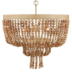 a wooden chandelier with beads hanging from it