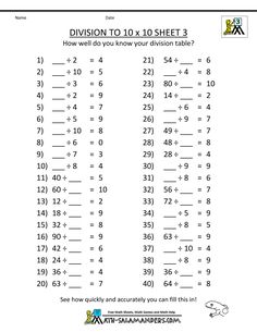 division to 10 worksheet with the addition table and numbers for each digit number