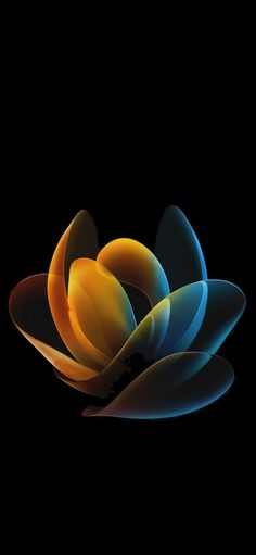 an abstract flower is shown on a black background with blue, yellow and orange petals