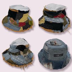 four different types of denim hats with torn edges and patches on the front, side, and back