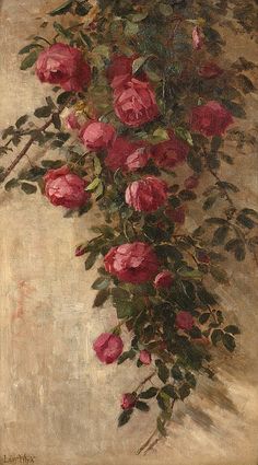 a painting of red roses on a beige background with green leaves and stems in the foreground