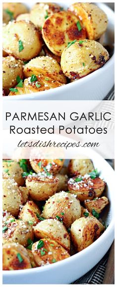 two pictures of roasted garlic potatoes with parmesan garnishes in them