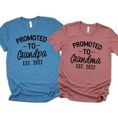 two t - shirts that say, promote to grandma est 2012