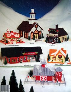 an assortment of christmas themed buildings in the snow