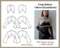 the front and back views of a crop top sewing pattern