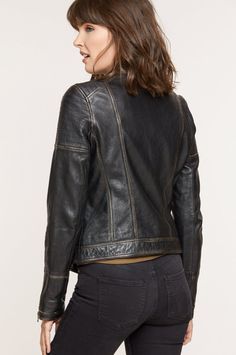 Chelsea Lambskin Leather Moto Jacket Fall Distressed Fitted Biker Jacket, Distressed Fitted Biker Jacket For Fall, Casual Leather Biker Jacket With Contrast Stitching, Rugged Fitted Leather Jacket For Work, Casual Distressed Leather Biker Jacket, Fitted Biker Jacket With Contrast Stitching And Long Sleeves, Fitted Biker Jacket With Contrast Stitching, Distressed Moto Leather Jacket For Fall, Distressed Moto Outerwear For Fall