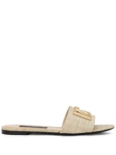 beige calf leather/goatskin/raffia gold-tone logo lettering open toe branded insole slip-on style flat sole This item is in size 35 and the color is Beige Beige Mules, Raffia Sandals, Dg Logo, Women's Mules, Dolce E Gabbana, Leather Cap, Fashion Sandals, Leather Slides, Beach Tote Bags