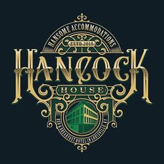 the logo for hancock house with an ornate frame and gold lettering on a black background