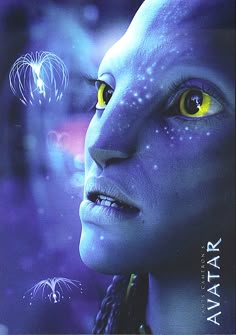 a woman's face with yellow eyes and stars in the sky above her head